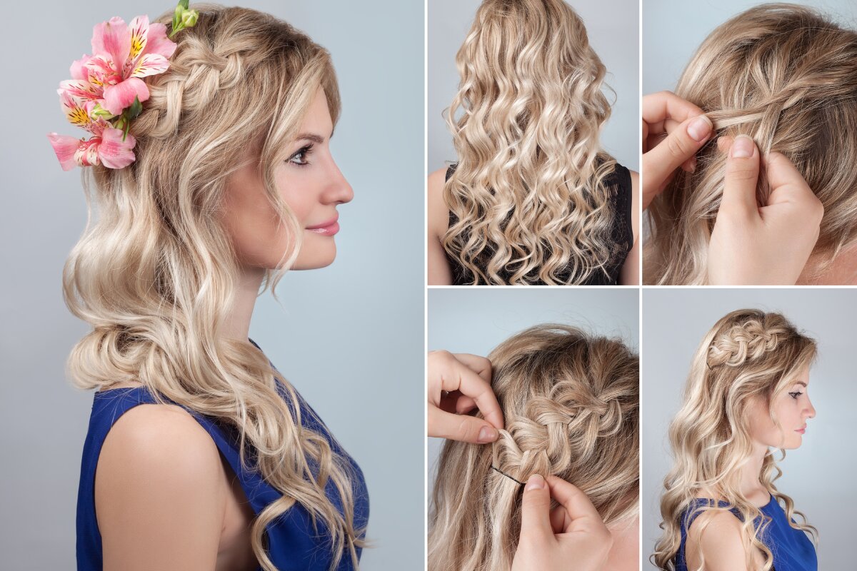Tresse cascade avec ondulations et fleurs
