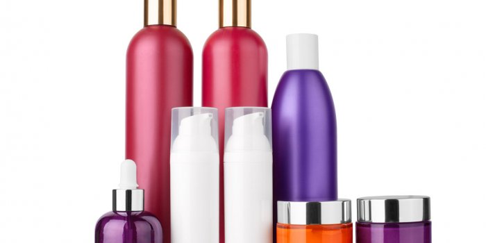 hair, body cosmetic plastic bottles, face cream, serum glass bottles template on white background isolated close up, blan...