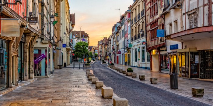 medieval street taken at sunset in troyes, aube, france on 7 june