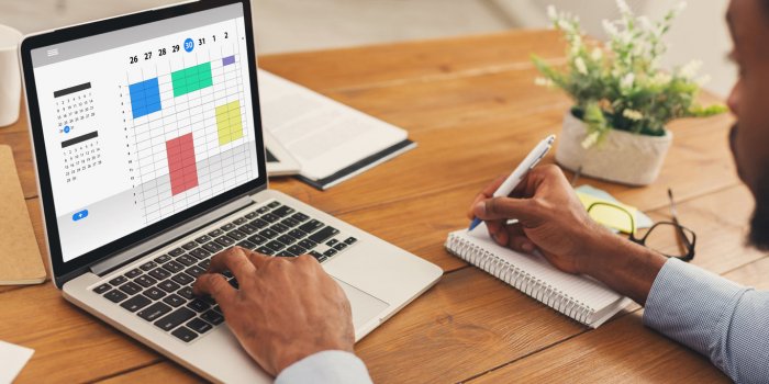 time management concept collage with african american businessman using online planner to organize work agenda panorama
