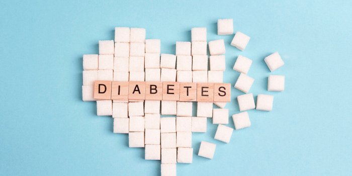 broken heart made of sugar cubes with inscription diabetes on a blue background world diabetes day concept