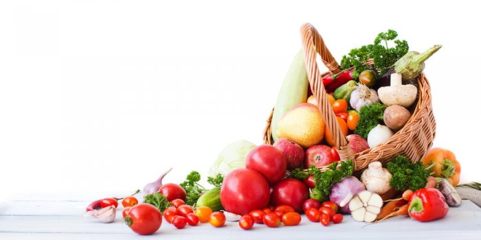 fresh vegetables and fruits isolated on white background healthy eating