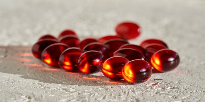 panoramic banner with krill oil pills or softgels on white background