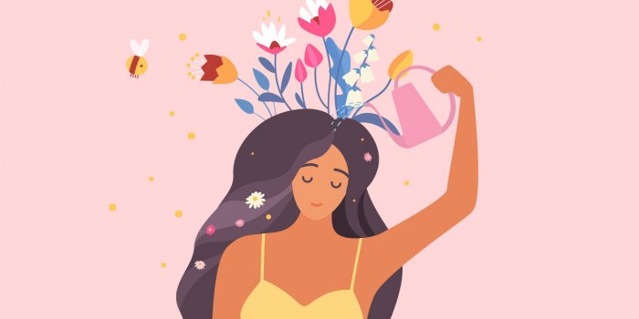self love, mental health, optimism vector illustration cartoon young happy woman holding watering can to water flowers gr...