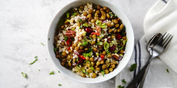 homemade lentil brown rice salad with vegetables , healthy eating concept, selective focus