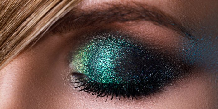 closeup of female eye with a green eyeshadow