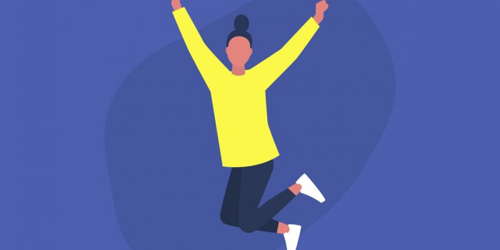 young excited female character jumping and expressing positive emotions, having fun, good vibe