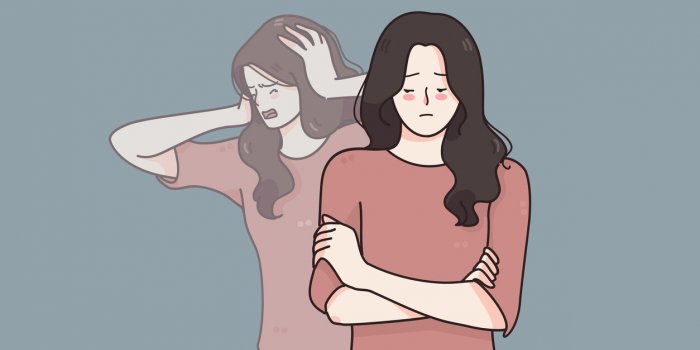 schizophrenia and mental disorder concept portrait of young beautiful sad woman suffering from multiple personality disor...