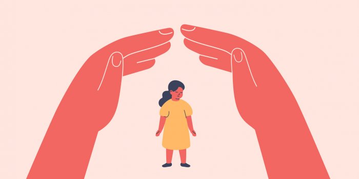 human hands created secure environment for small girl via home roof gesture childproofing, supervision, and teaching safe...