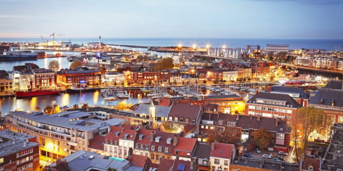 aerial view of the french town dunkirk (dunkerque) by twilight