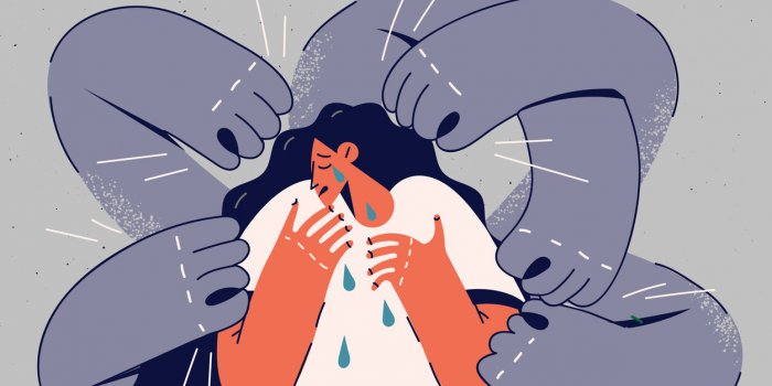 unhappy stressed woman surrounded by ghost hands invisible person beat crying female suffer from violence concept of self...
