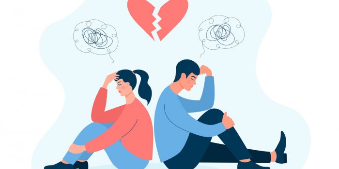 couple in quarrel unhappy man and woman sitting back to back and suffer broken heart above them problems in relationship,...