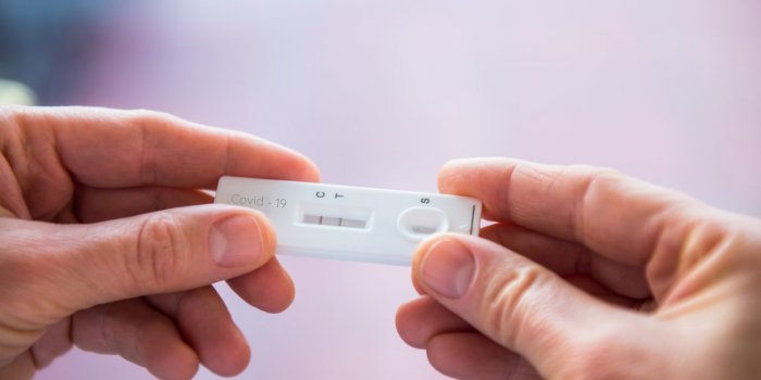 close up woman hands holding rapid covid -19 test with a positive result self express coronavirus testing at home covid-1...