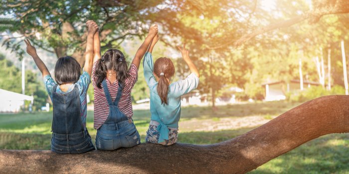 children friendship concept with happy girl kids in the park having fun sitting under tree shade playing together enjoyin...