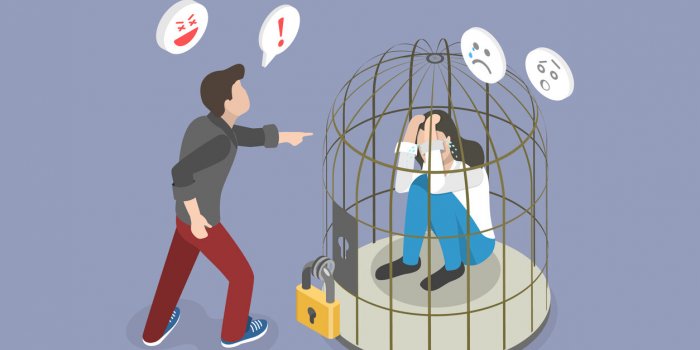 3d isometric flat vector conceptual illustration of victim of bullying , domestic violence