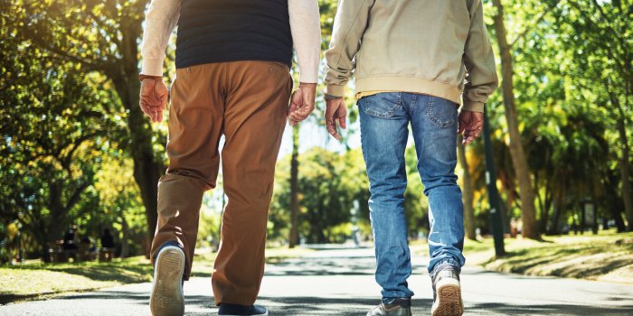 walking, park and back of men outdoors for wellness, fresh air and health in retirement friends, fitness and legs of peop...