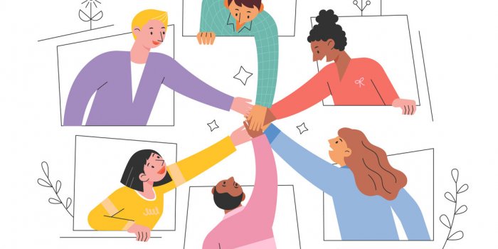people are putting their hands together window frame flat design style vector illustration