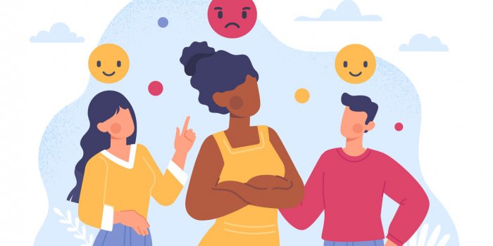 angry woman in crowd concept people with different emotions and mood happy young guy and girl near dissatisfied friend me...