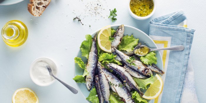 grilled sardines with lemon and herbs close up healthy vegetarian fish meal