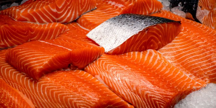 fresh salmon steaks displayed on the ice in a fish market