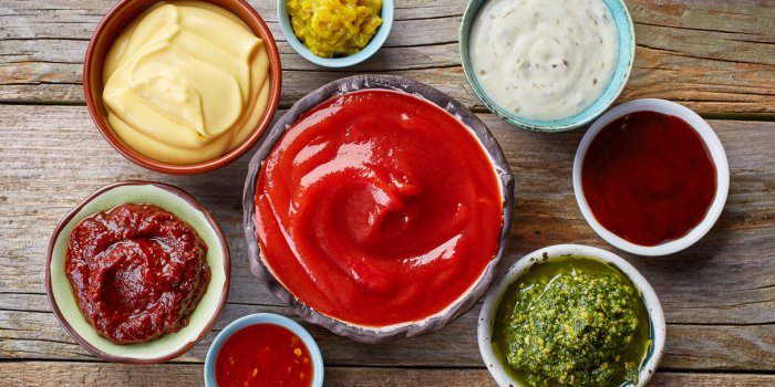 bowls of various dip sauces, top view