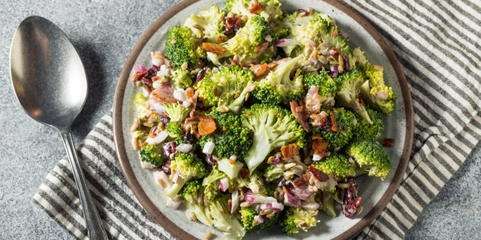 healthy homemade broccoli salad with bacon and onions