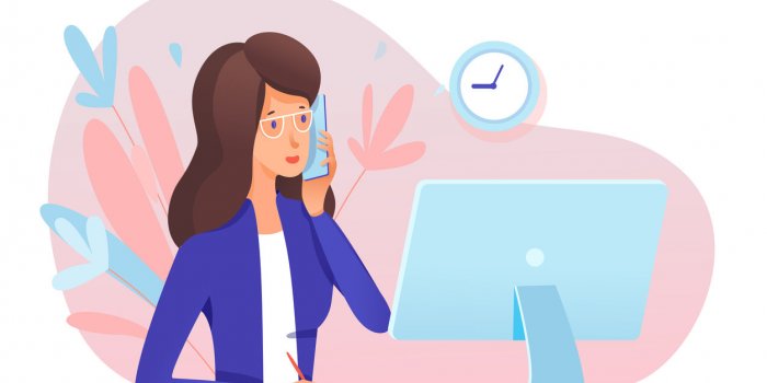young woman secretary answering call professional specialist talking phone sit at table front of computer monitor office ...