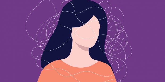 female person with brain fog and mental health problems in flat design vector illustration