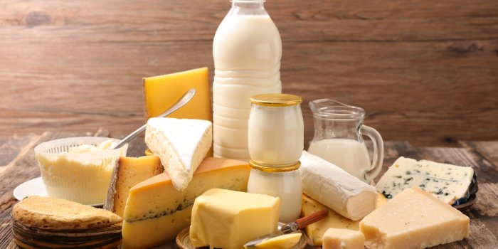 assorted of dairy product with milk, butter, cheese