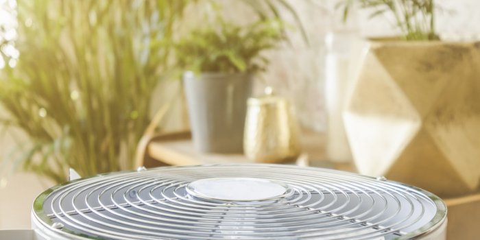 selective focus on home air cleaner ventilator fan machine in home living room, houseplant grow on background allergy and...