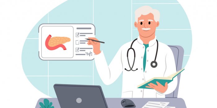 doctor looks at a pancreas scan on a virtual screen while sitting at a table in a hospital diagnosis and treatment of pan...
