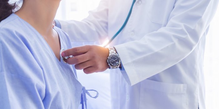 doctor use stethoscope, checking up heart beat, lunch of auscultation in doctor office at hospital patient worker has to ...