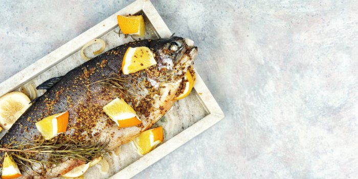 delicious roasted trout seasoned with spices and orange on a stone serving board copy space