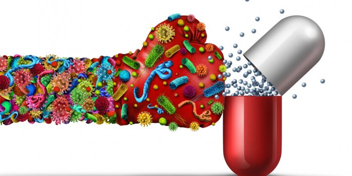 antibiotic resistant germs as virus or bacteria cells as a deadly mutated viral disease attacking a pill with a punch as ...