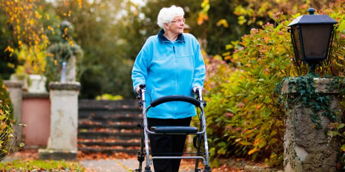 happy senior handicapped lady with a walking disability enjoying a walk in an autumn park pushing her walker or wheel cha...