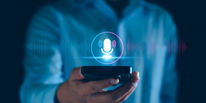 voice recording man touching microphone icon on smart phone mobile application record sound, audio, music, voice message ...