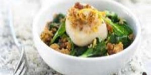 Noix de Saint-Jacques au pain d-epices sur lit d-epinards
