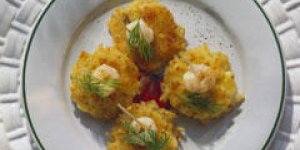 Pancakes poireaux, pomme de terre et cumin aux crevettes